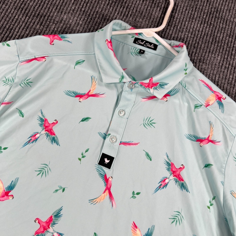 Bad Birdie Polo Shirt Mens XL Extra Large Green Geometric Parrot Golf Outdoor